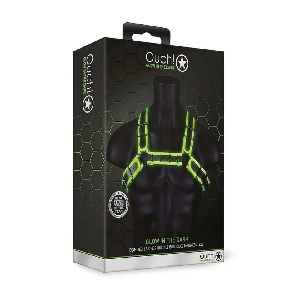 🦋B2G1🦋OUCH Glow In The Dark NEON GREEN Bonded Leather Buckle Bulldog Harnes L/XL